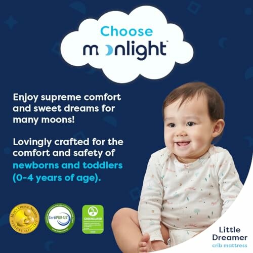 Baby sitting with text promoting comfort and safety of crib mattress for newborns and toddlers.