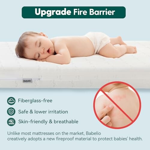 Baby sleeping on mattress with upgrade fire barrier features.