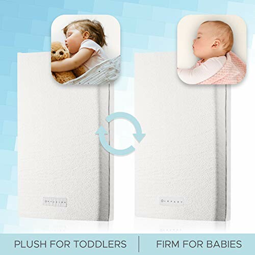 Reversible mattress for babies and toddlers with plush and firm sides.