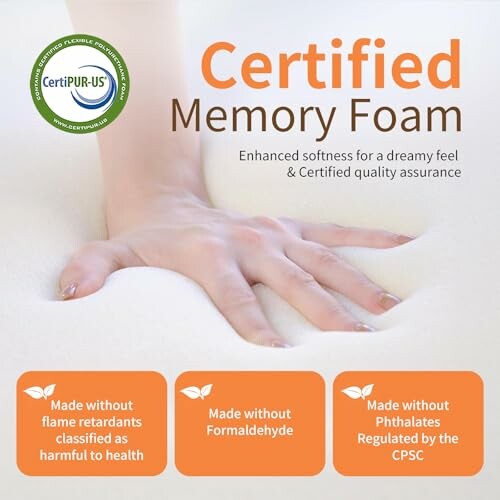 Hand pressing into certified memory foam with certification details.