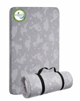 Grey CertiPUR-US certified foam mattress with rolled-up version and unicorn pattern.