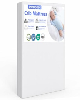 Immdokin crib mattress with baby sleeping, waterproof and hypoallergenic features.