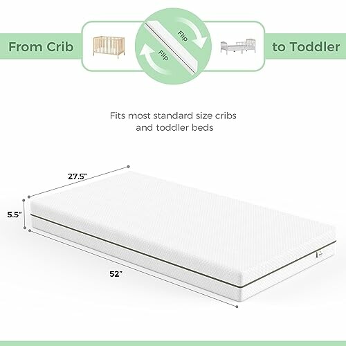 Mattress for crib and toddler bed with dimensions and flip feature.