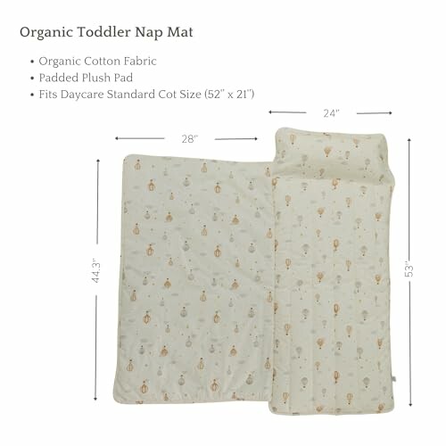 Organic toddler nap mat with dimensions and features.