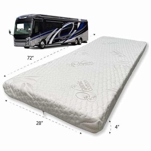 RV mattress with dimensions displayed next to a motorhome.