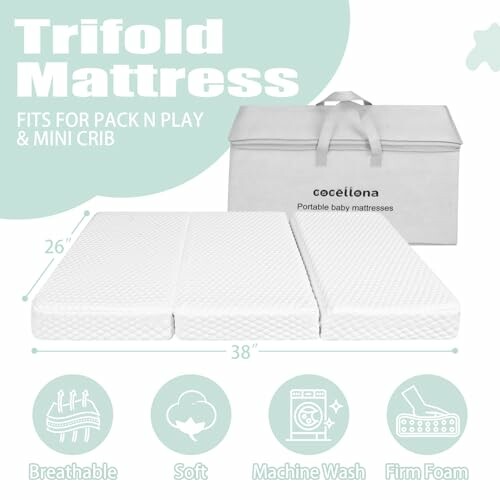 Trifold mattress for pack n play and mini crib with carrying case and features icons.