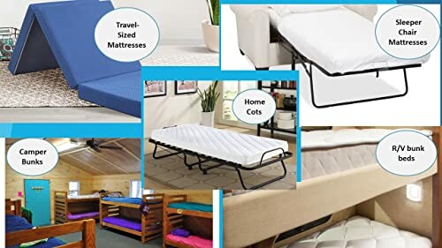 Collage of travel-sized mattresses, sleeper chair mattresses, home cots, camper bunks, and RV bunk beds.