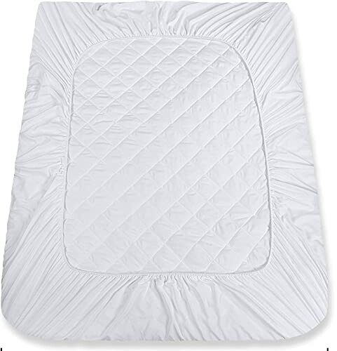 White fitted mattress cover with quilted center.