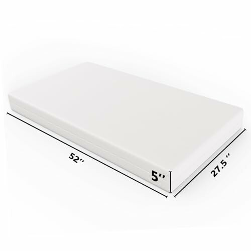 White rectangular mattress with dimensions 52 x 27.5 x 5 inches.
